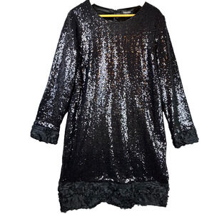 Timeless Naeem Khan Shift Dress Women 20W Black Glam Sequin Floral Trim Evening